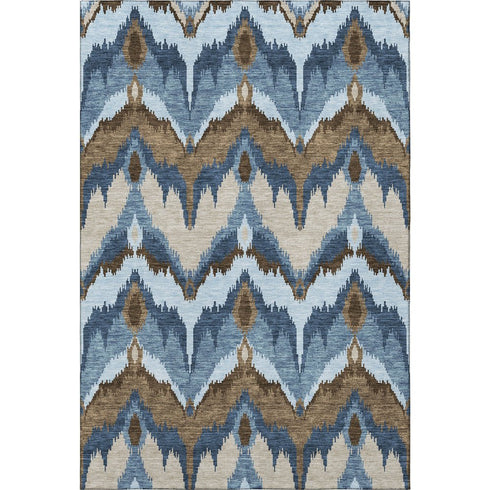 9' X 12' Blue Brown And Beige Ikat Washable Area Rug With UV Protection