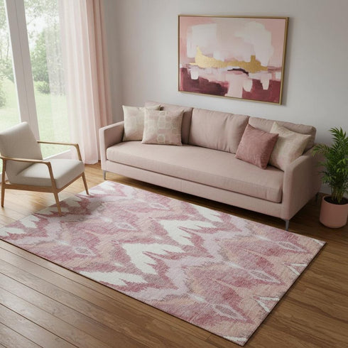 5' X 8' Blush Ivory And Pink Ikat Washable Area Rug With UV Protection