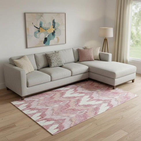 8' X 10' Blush Ivory And Pink Ikat Washable Area Rug With UV Protection