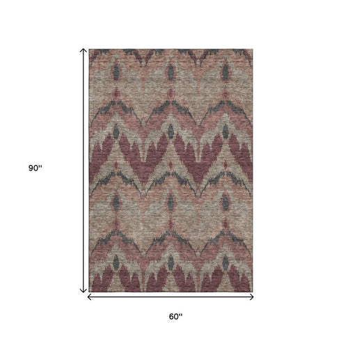 5' X 8' Burgundy Beige And Charcoal Ikat Washable Area Rug With UV Protection