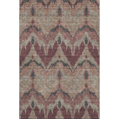 5' X 8' Burgundy Beige And Charcoal Ikat Washable Area Rug With UV Protection
