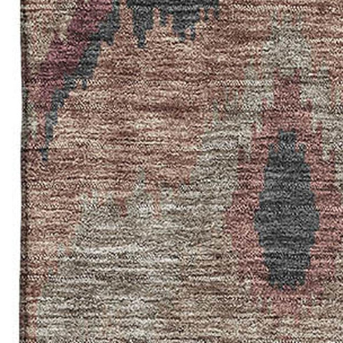 5' X 8' Burgundy Beige And Charcoal Ikat Washable Area Rug With UV Protection