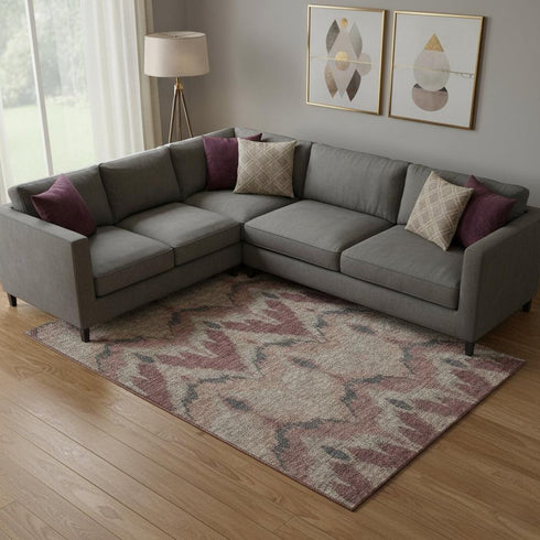 8' X 10' Burgundy Beige And Charcoal Ikat Washable Area Rug With UV Protection
