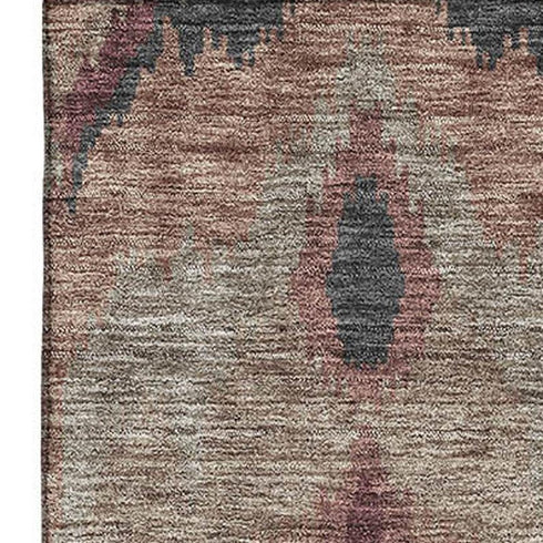 8' X 10' Burgundy Beige And Charcoal Ikat Washable Area Rug With UV Protection