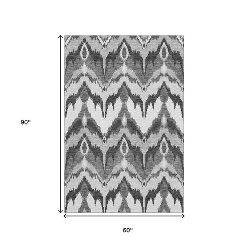 5' X 8' Gray And Silver Ikat Washable Area Rug With UV Protection