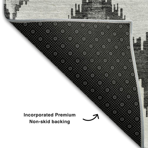 5' X 8' Gray And Silver Ikat Washable Area Rug With UV Protection