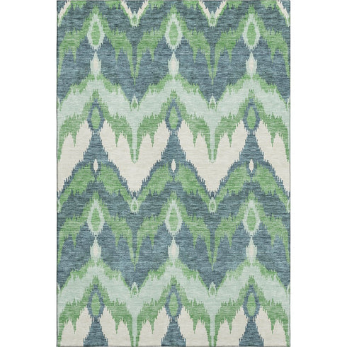 5' X 8' Green And Ivory Ikat Washable Area Rug With UV Protection