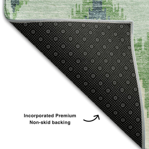 5' X 8' Green And Ivory Ikat Washable Area Rug With UV Protection