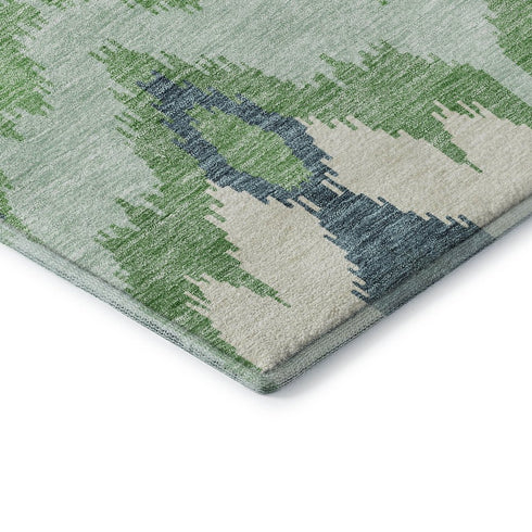 5' X 8' Green And Ivory Ikat Washable Area Rug With UV Protection