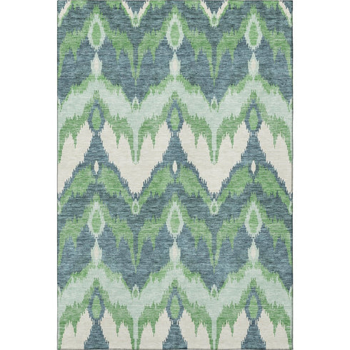 5' X 8' Green And Ivory Ikat Washable Area Rug With UV Protection