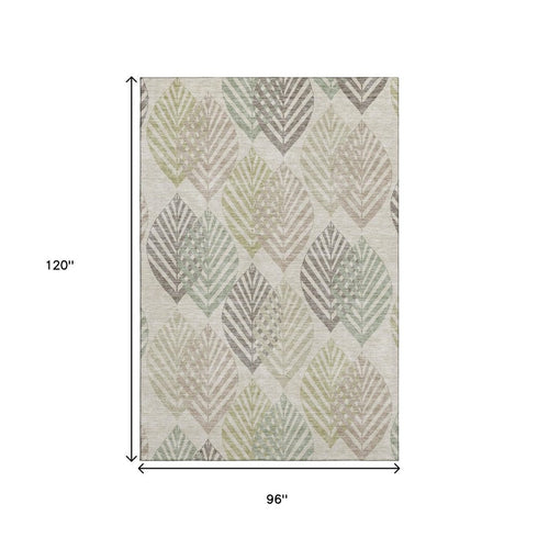 8' X 10' Beige Taupe And Green Floral Washable Area Rug With UV Protection