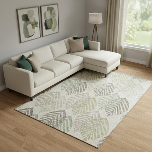 8' X 10' Beige Taupe And Green Floral Washable Area Rug With UV Protection