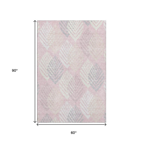 5' X 8' Pink Ivory And Blue Floral Washable Area Rug With UV Protection