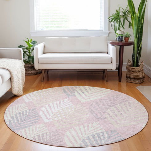 8' Pink Ivory And Blue Floral Washable Round Rug With UV Protection