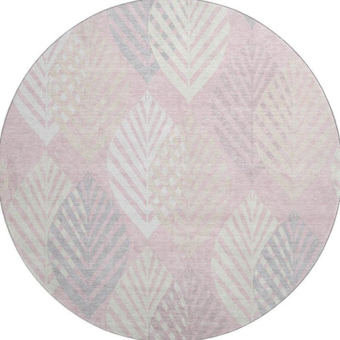 8' Pink Ivory And Blue Floral Washable Round Rug With UV Protection