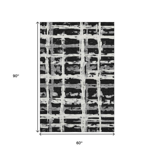 5' X 8' Black And Silver Striped Washable Area Rug With UV Protection