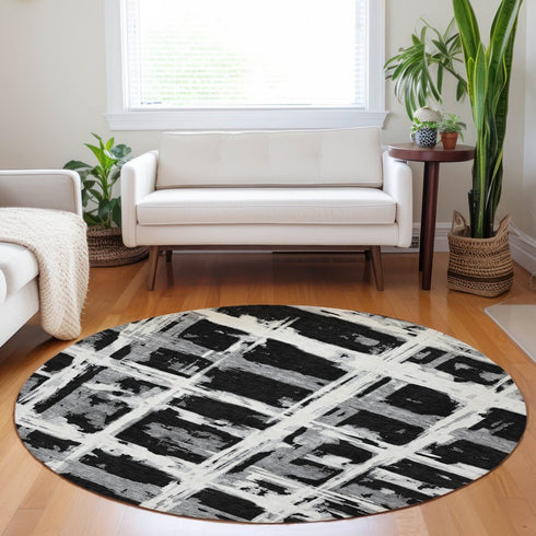 8' Black And Silver Striped Washable Round Rug With UV Protection