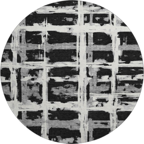 8' Black And Silver Striped Washable Round Rug With UV Protection