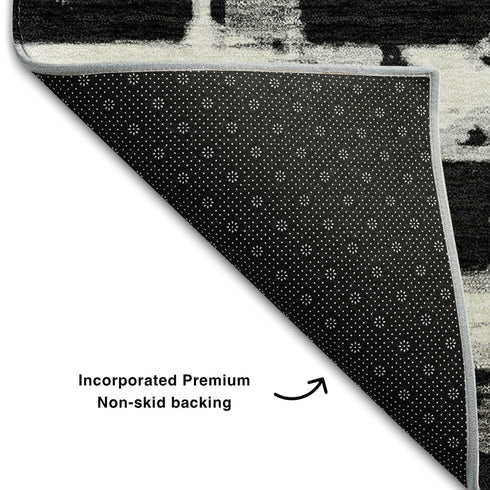 8' Black And Silver Striped Washable Round Rug With UV Protection