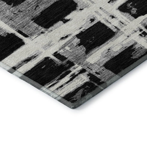 8' Black And Silver Striped Washable Round Rug With UV Protection