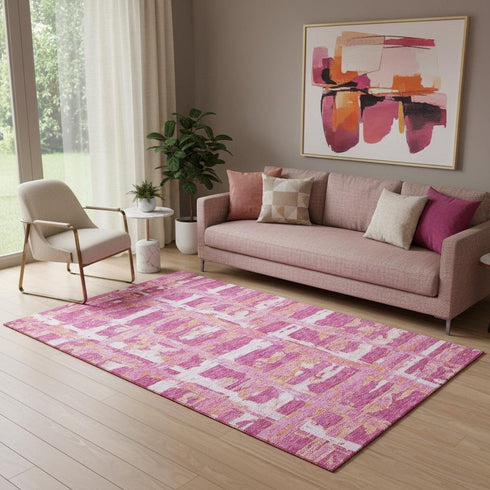 5' X 8' Blush Ivory And Orange Striped Washable Area Rug With UV Protection