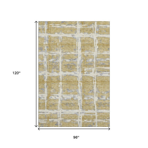 8' X 10' Gold Ivory And Gray Striped Washable Area Rug With UV Protection