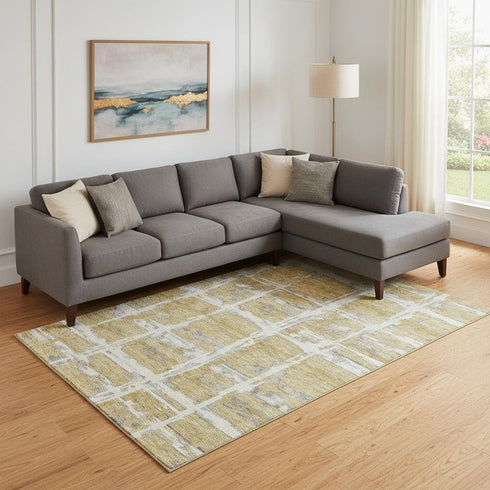 8' X 10' Gold Ivory And Gray Striped Washable Area Rug With UV Protection