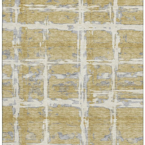 8' X 10' Gold Ivory And Gray Striped Washable Area Rug With UV Protection