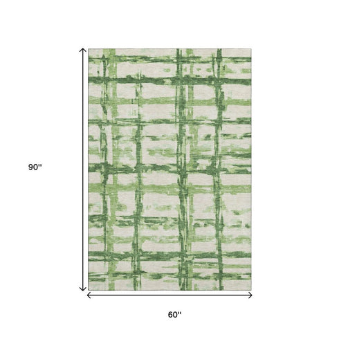 5' X 8' Green And Ivory Striped Washable Area Rug With UV Protection