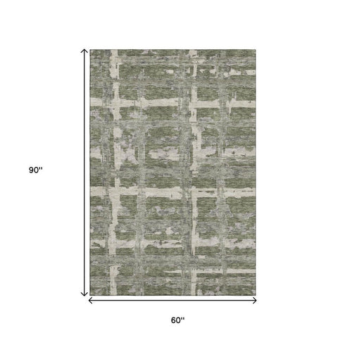 5' X 8' Olive Green And Beige Striped Washable Area Rug With UV Protection