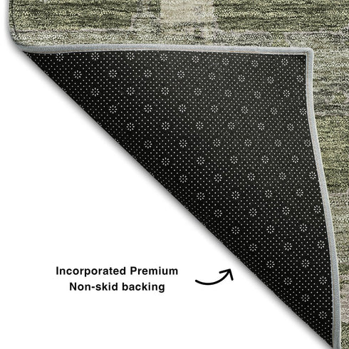 5' X 8' Olive Green And Beige Striped Washable Area Rug With UV Protection