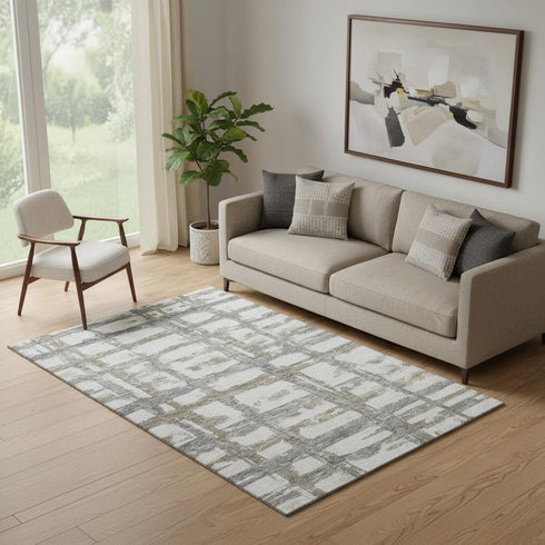 5' X 8' Silver Ivory And Gray Striped Washable Area Rug With UV Protection