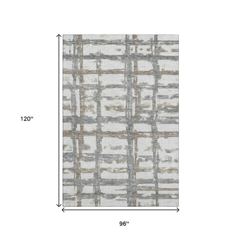 8' X 10' Silver Ivory And Gray Striped Washable Area Rug With UV Protection
