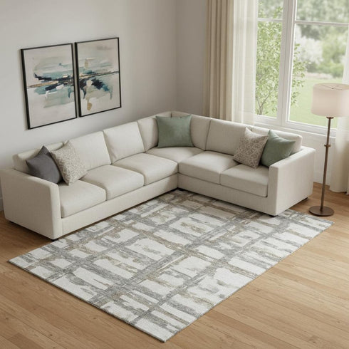 8' X 10' Silver Ivory And Gray Striped Washable Area Rug With UV Protection