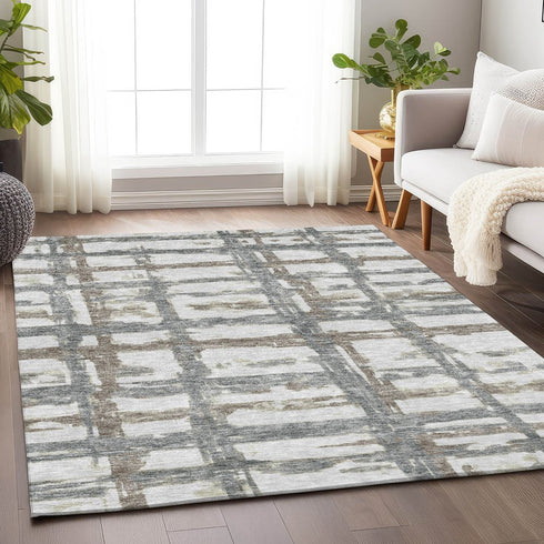 8' X 10' Silver Ivory And Gray Striped Washable Area Rug With UV Protection