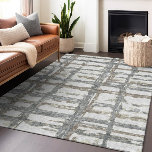 8' X 10' Silver Ivory And Gray Striped Washable Area Rug With UV Protection