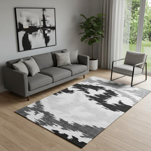 5' X 8' Black Gray And Silver Abstract Washable Area Rug With UV Protection