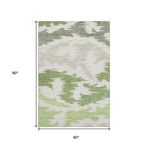 5' X 8' Green Taupe And Beige Abstract Washable Area Rug With UV Protection