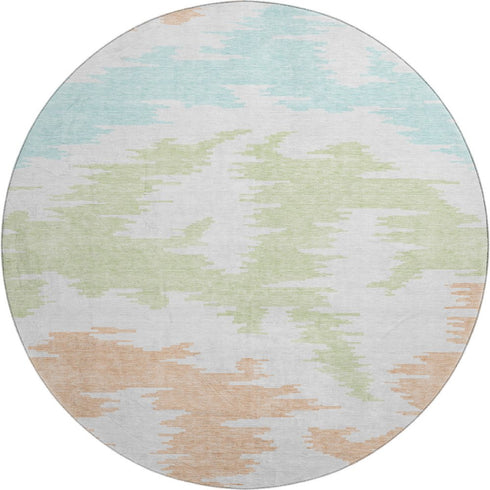 8' White Sky Blue And Peach Abstract Washable Round Rug With UV Protection