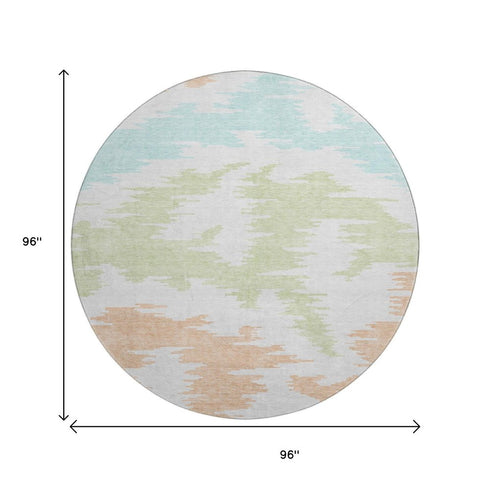 8' White Sky Blue And Peach Abstract Washable Round Rug With UV Protection