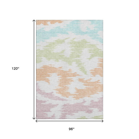 8' X 10' White Sky Blue And Peach Abstract Washable Area Rug With UV Protection