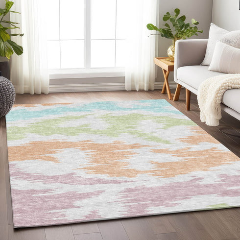 8' X 10' White Sky Blue And Peach Abstract Washable Area Rug With UV Protection