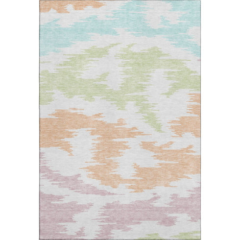 8' X 10' White Sky Blue And Peach Abstract Washable Area Rug With UV Protection