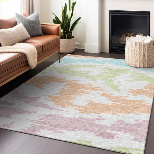 8' X 10' White Sky Blue And Peach Abstract Washable Area Rug With UV Protection