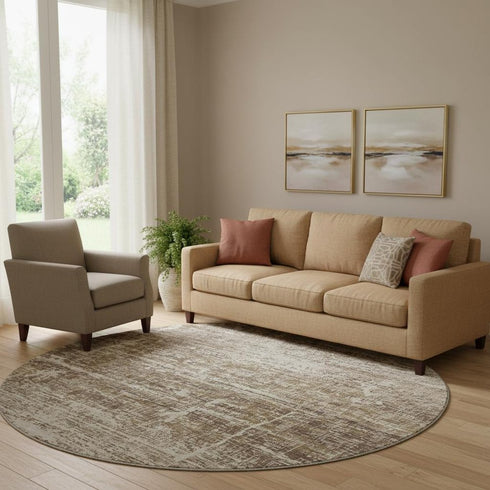8' Brown And Beige Abstract Washable Round Rug With UV Protection