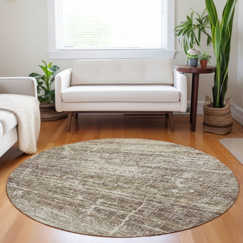 8' Brown And Beige Abstract Washable Round Rug With UV Protection