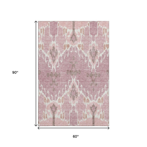 5' X 8' Blush And Ivory Ikat Washable Area Rug With UV Protection