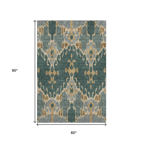 5' X 8' Emerald Gold And Gray Ikat Washable Area Rug With UV Protection