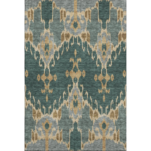 5' X 8' Emerald Gold And Gray Ikat Washable Area Rug With UV Protection