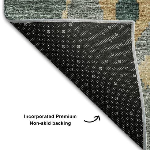 5' X 8' Emerald Gold And Gray Ikat Washable Area Rug With UV Protection